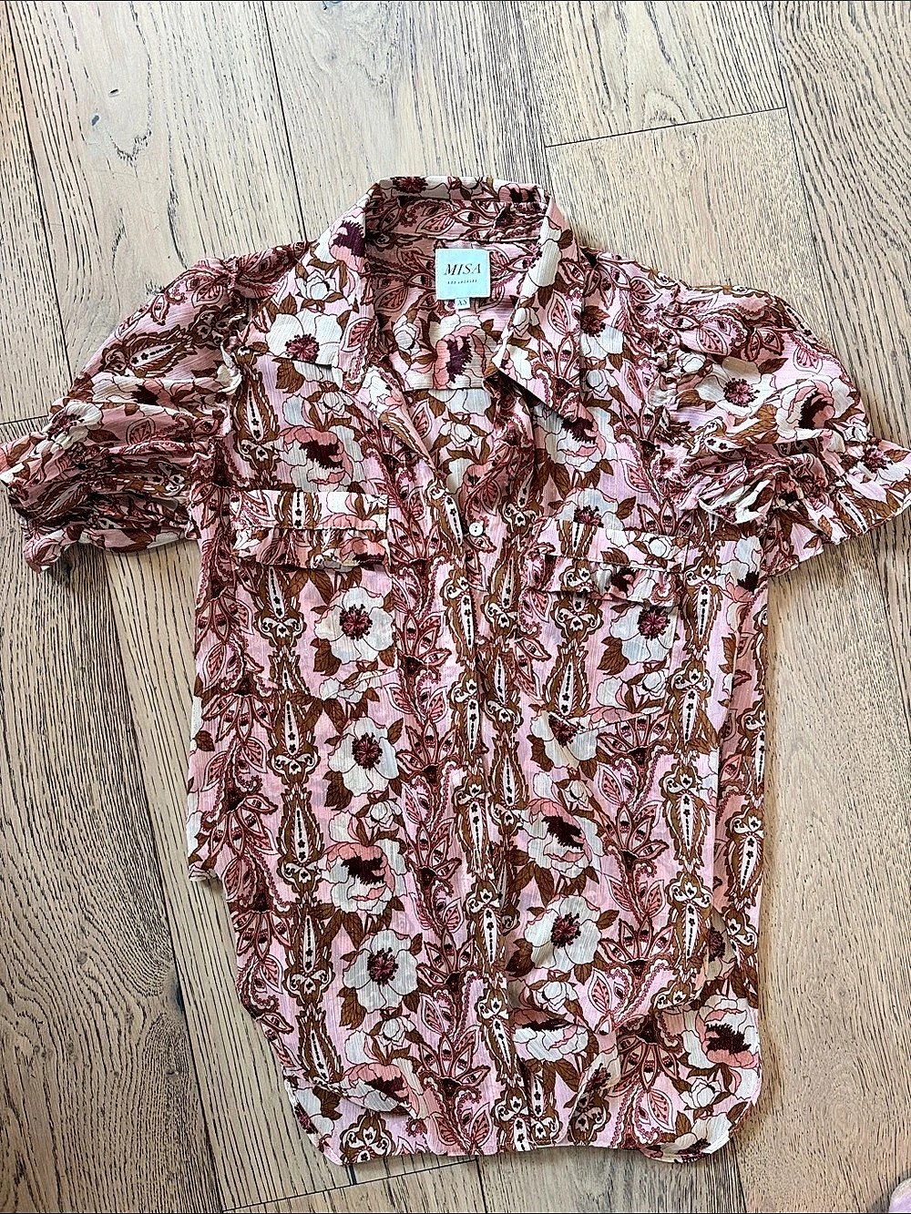 MISA Los Angeles Floral Button Down Top in Rose Pink & Brown Size XS Like New